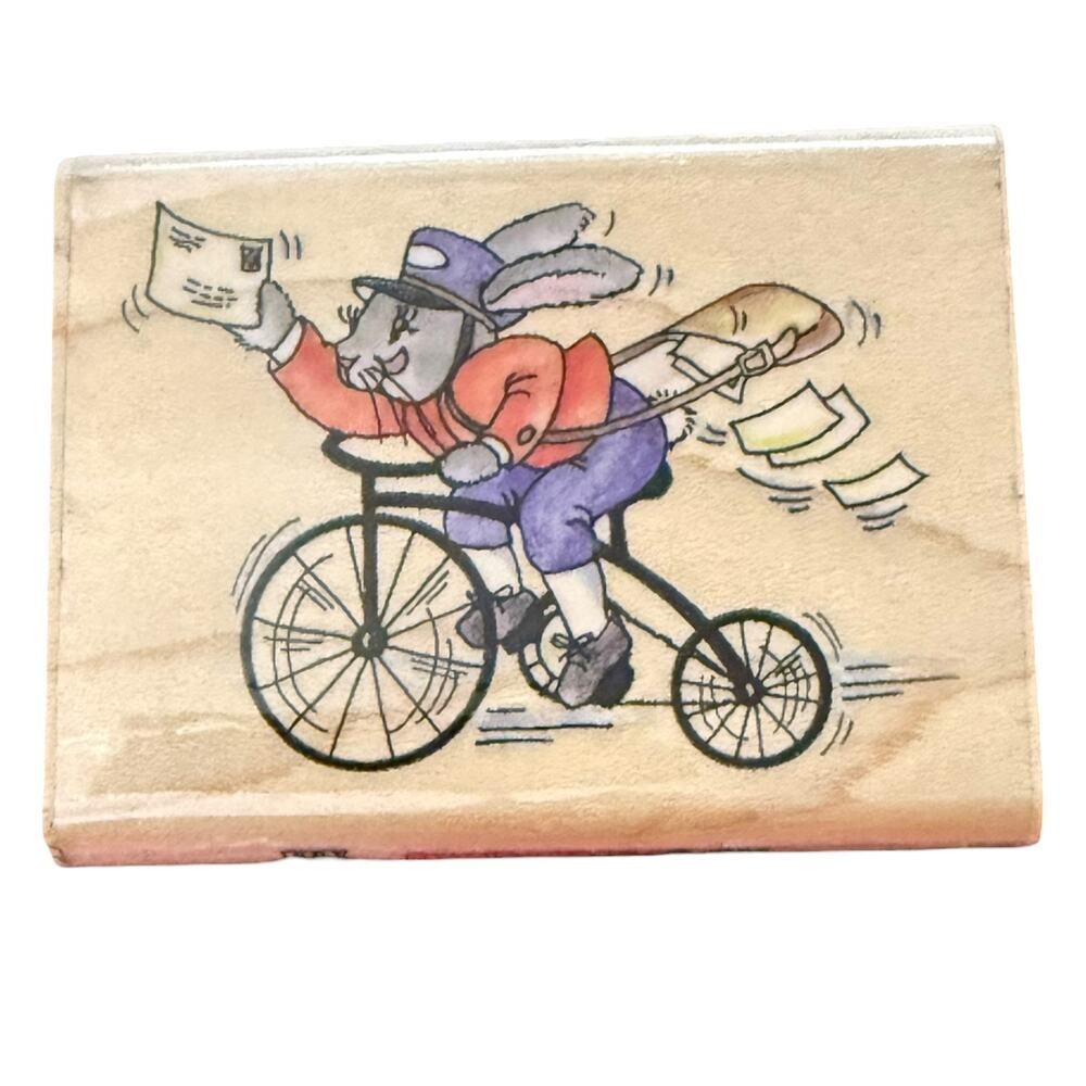 Stampendous Pedaling Posthare Bunny Rabbit On A Bike H099 1995 Rubber Stamp